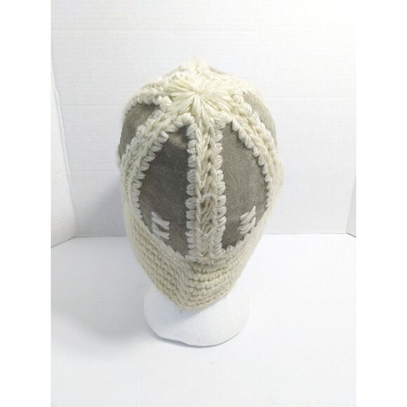 Vintage Fersten Bucket Hat Paneled Leather Acrylic Knit Taupe Cream OS Rare - Picture 3 of 6